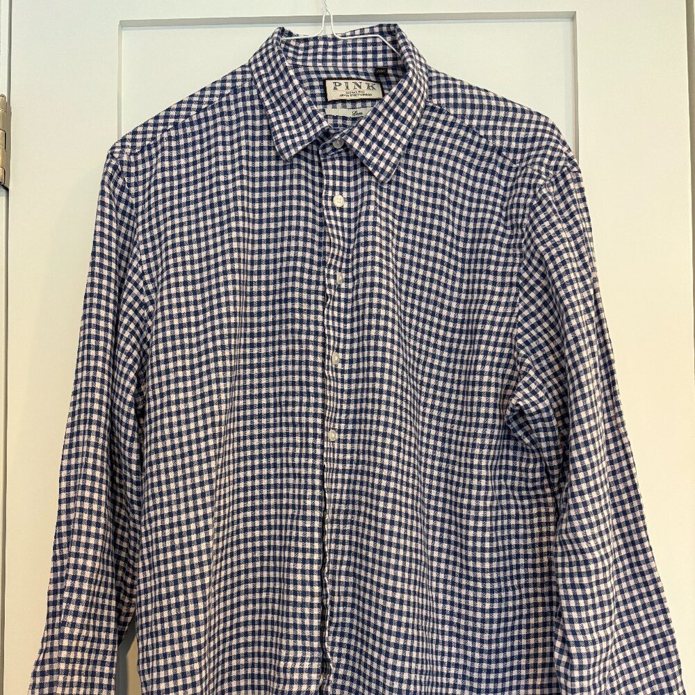 Men's PINK brand LS 100% Linen shirt. Blue and White check. Size XL 17.5-18